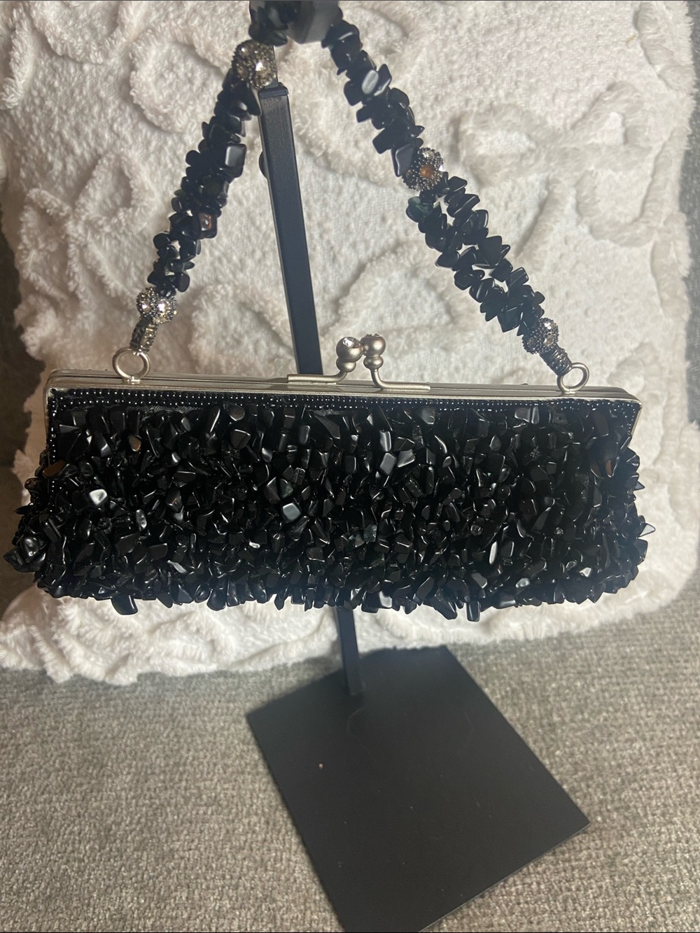 Yilin Black Beaded Evening Clutch with Decorative Handle